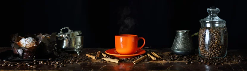 Fototapeten Weitwinkelansicht des Stilllebens zum Thema Kaffee © parsadanov
