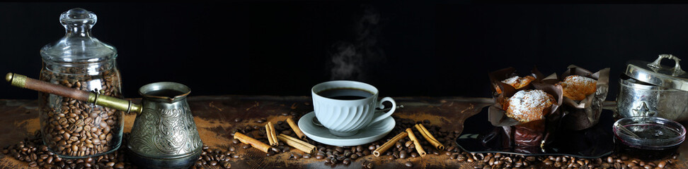Panorama still life with coffee and dining accessories - obrazy, fototapety, plakaty