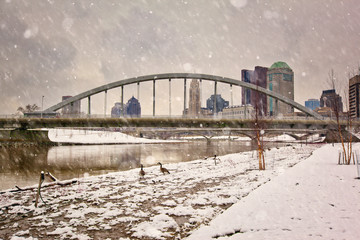 Winter in Columbus, Ohio with the Main Street Bridge in the foreground