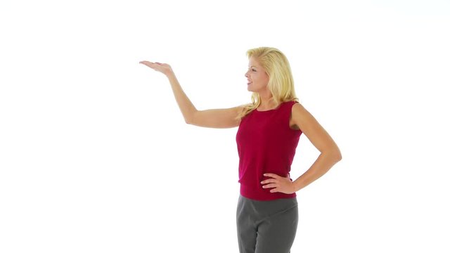 Young professional woman holding out hand for text bulletpoints