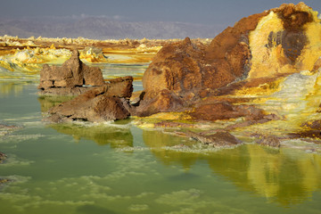 Fototapeta na wymiar Dalol, Dankakil Depression. Volcanic hot springs of Ethiopia. Earth’s lowest land volcano. The craters contains hot springs that boast a whole range of otherworldly colours, including neon yellow.