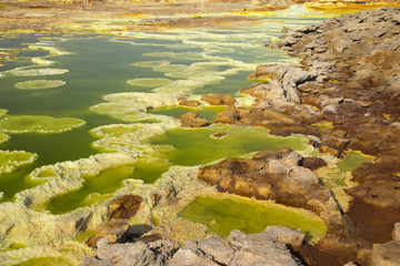 Dalol, Dankakil Depression.  Volcanic hot springs of Ethiopia. Earth’s lowest land volcano.  The craters contains hot springs that boast a whole range of otherworldly colours, including neon yellow.