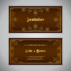 Luxury wedding invitation with golden ornament. Vector illustration