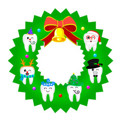 Cute cartoon tooth character set on circle shape. Merry Christmas and happy new year. Illustration isolated on white background.