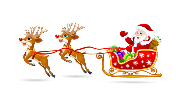 Santa on sleigh with deer.Santa Claus on his sleigh, harnessed by deer 