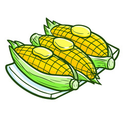 Funny and yummy cute roasted corn with cheddar on it - vector.