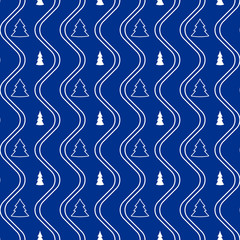 Blue christmas wrapping paper seamless pattern. White firs on the blue background