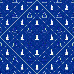 Blue christmas wrapping paper seamless pattern. White firs on the blue background