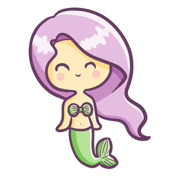 Funny and cute mermaid with purple hair smiling happily - vector.