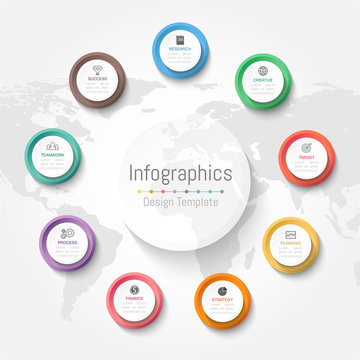 Infographic design elements for your business data with 9 options, parts, steps, timelines or processes. Vector Illustration. World map of this image furnished by NASA