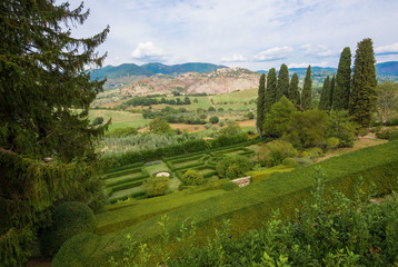 Castelnuovo di Farfa, Italy - A very little medieval town in province of Rieti, Lazio region, central Italy. Here in particular the garden of Palazzo Salustri Galli with landscape