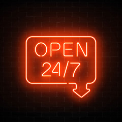 Neon open 24 hours 7 days a week sign in geometric shape with arrow on a brick wall background.