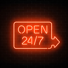 Neon open 24 hours 7 days a week sign in geometric shape with arrow on a brick wall background.