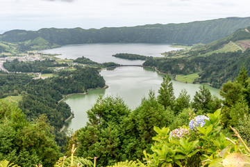 Aerial View on the lakes of Sete Cidades from the Miradouro da Vista do Rei on the island of Sao Miguel in the Azores, Portugal