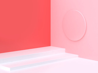 abstract circle pink red white geometric wall floor corner background 3d rendering