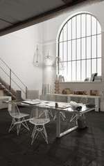 Industrial office with big window, open space, loft interior design, modern minimalist architecture