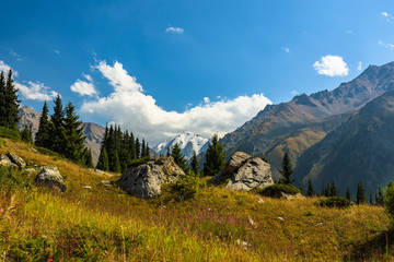 View of the mountains and the Big Almaty lake. Kazakhstan. Tien-Shan Mountains