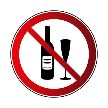 No alcohol drink sign. Prohibited sign beverage alcohol, isolated on white background. Black silhouette in red round icon. No drinking pictogram. Forbidden No alcohol symbol Vector illustration