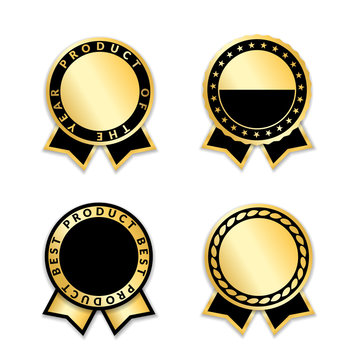 Ribbons award best product of year set. Gold ribbon award icons isolated white background. Best product golden label for prize, badge, medal, guarantee quality product. Vector illustration