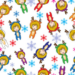 Obraz na płótnie Canvas Seamless Pattern Cartoon vector Merry christmas Girl character design Mascot deer