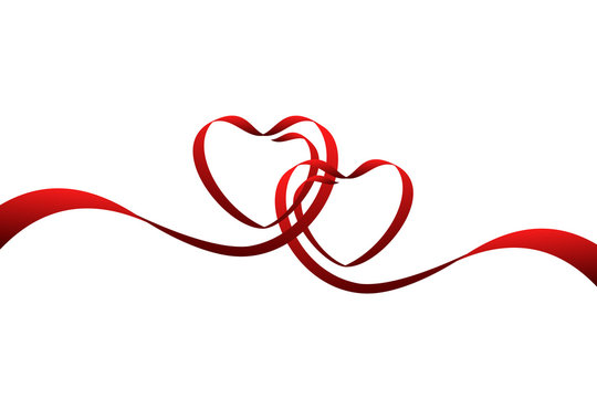 Red ribbons in the shape of two hearts for love concept, wedding or Valentine day. Vector illustration isolated on white background.