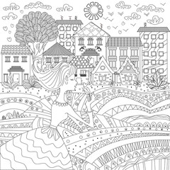 Lovely girl in a city for coloring book