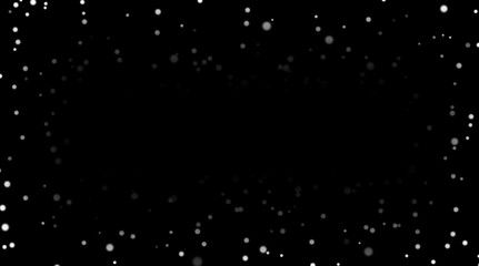 White snow on black background. Winter abstract texture witn falling silver snow. Splash spray dust design for Christmas card, Happy New Year pattern. Confetti border template Vector illustration