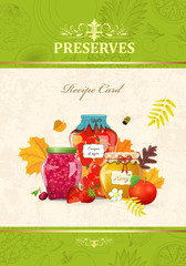 autumn card with canned fruits and berries in glass jars for you
