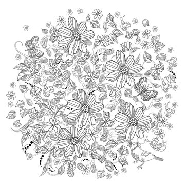 Round ornament with floral swirls and flowers for coloring book