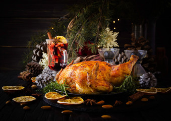 Baked turkey for Christmas or New Year Thanksgiving Day selective focus