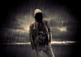 Anonymous terrorist in hoodie at night