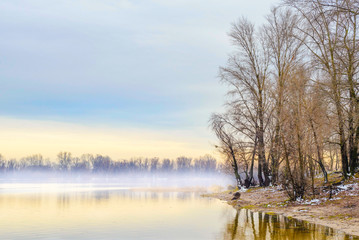 View of  willow trees and poplars close to the Dnieper River in Kiev during a cold and clear winter afternoon