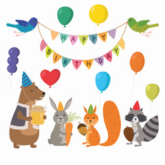 Cute cartoon forest animals illustration for birthday card template