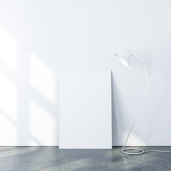 Veretical Canvas Poster Mockup on concrete floor with lamp