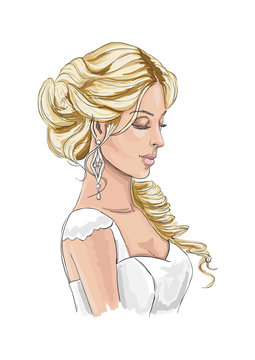 Wedding portrait. Beautiful young girl with long hair. Fashion woman. Hand drawn sketch. Vector illustration.