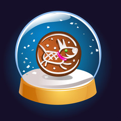 Snow globe with a dog symbol of 2018 inside. Christmas magic ball. Snowglobe vector illustration. Winter in glass ball, crystal dome icon.