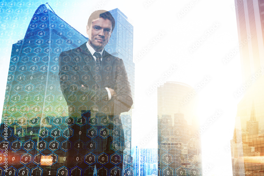 Poster Smiling businessman with binary code