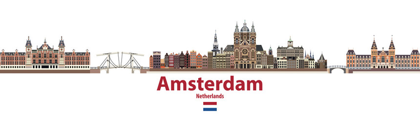 vector city skyline of Amsterdam. Flag of Netherlands - obrazy, fototapety, plakaty