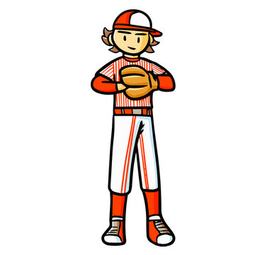 Funny and cute red baseball player standing - vector.