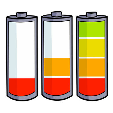 Funny and cute three battery symbol in different condition - vector.