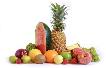 Assorted fruits isolated on white background, group of fruits