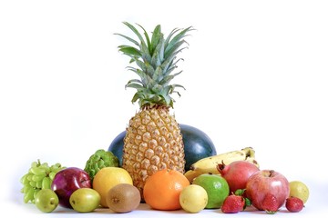 Assorted fruits isolated on white background, group of fruits
