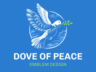 Dove of the world - a pigeon in flight with a twig of a plant in its beak against the background of clouds in a circle - logo, emblem, illustration design on a blue background.