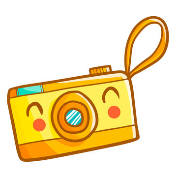 Funny and cute cool yellow pocket camera smiling happily - vector.