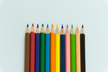 Close up a set of crayon on white background
