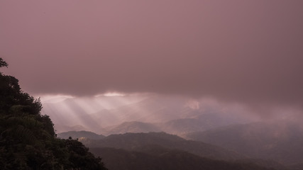 Fototapeta premium Beautiful Natural Sunset Sunrise Over Khao Mokoju Summit Mokoju Mountain, Mae Wong National Park, Thailand.