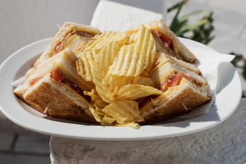 Small snack on the plate, white bread with chips