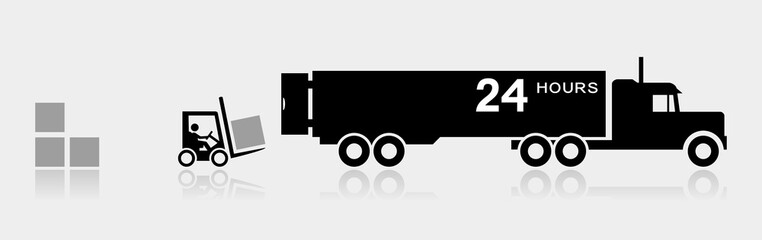 Forklift truck loading the boxes in the semi-trailer truck