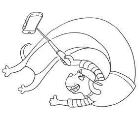 Funny dog taking selfie with monopod. Hand drawn vector sketch.