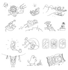 Funny set of cute dog hand drawn illustrations with various subjects. Vector sketch.